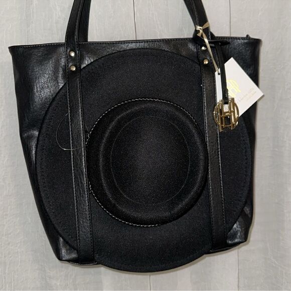 HOH Black 6181 Pleather Tote Bag and Black Fedora Hat Gift Set - Picture 3 of 16